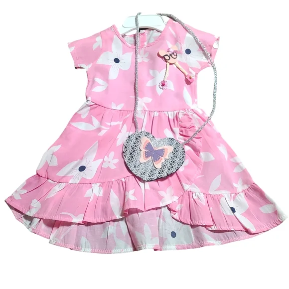 Toddler Girls Pink/White Floral Dress With Matching Bag & Polka-dot Yellow Dress - Picture 2 of 14